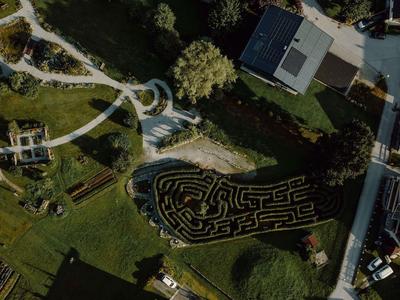 Widok z lotu ptaka dużego labiryntu kukurydzianego w zielonym ogrodzie obok budynków