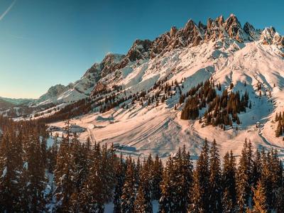 Pokryta śniegiem góra z sosnowym lasem i zachodem słońca pod czystym niebem.