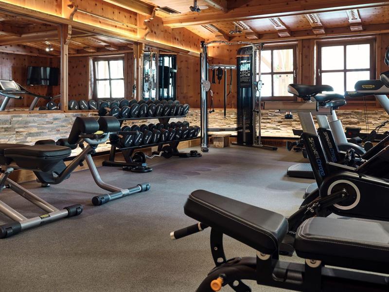 Cozy gym with wooden walls and modern workout equipment in a hotel.