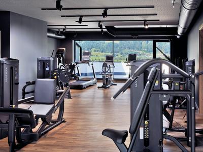 Modern gym with various exercise machines and a view of green landscape.