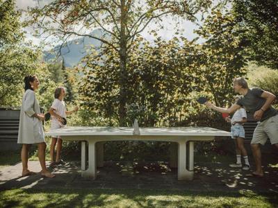 Vier Menschen spielen im Garten Tischtennis bei sonnigem Wetter.