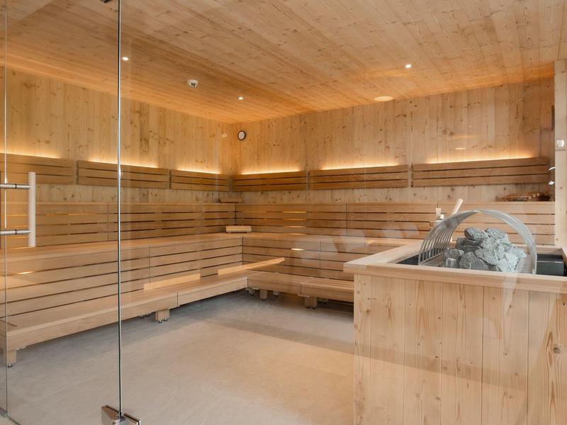 Moderní sauna s dřevěnými stěnami, skleněnou přední stěnou, dřevěnými lavicemi a osvětleným saunovým kamenem.