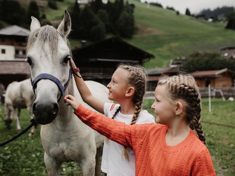 Deux filles avec des tresses caressent un cheval blanc dans un pâturage avec des maisons et des collines en arrière-plan.