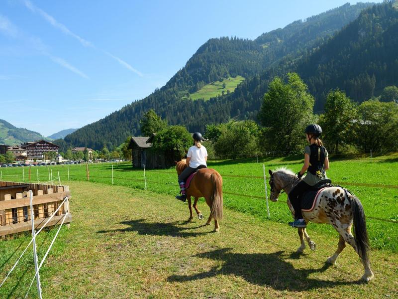 Deux cavaliers sur des chevaux sur un chemin herbeux avec des montagnes en arrière-plan.