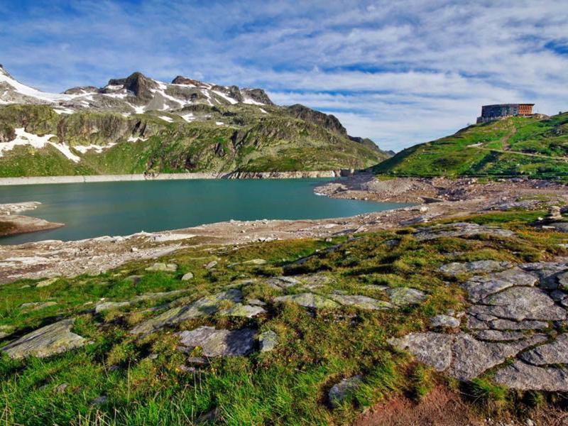 Bergsee mit grünem Ufer, Felsen und schneebedeckten Gipfeln unter blauem Himmel.