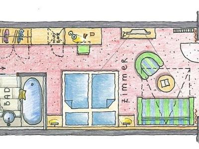 Grundriss eines Einzimmer-Apartments mit Bad, Küche, Wohnbereich und Balkon mit Tisch und Stühlen.