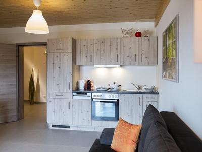 Moderní kuchyně v bytě s pohovkou a oranžovým polštářem.