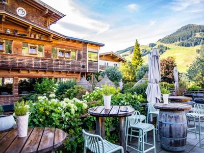 Terrazza con tavoli, sedie e piante davanti a un edificio in legno in montagna con bel tempo.