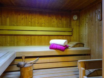 Holzsauna mit mehrstufigen Sitzbänken, Holzeimer, Schöpflöffel und bunten Handtüchern.