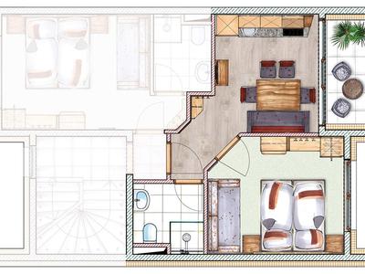 Plattegrond van een vakantieappartement met twee slaapkamers, badkamer en balkon.