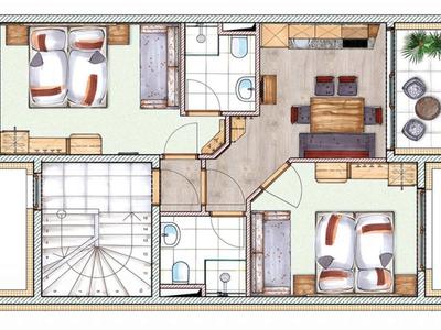 Plattegrond van een appartement met twee slaapkamers, twee badkamers, keuken en woonkamer met eetgedeelte.