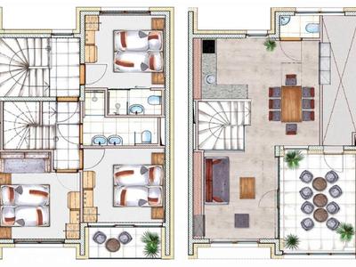 Plattegrond van een appartement met twee verdiepingen met slaapkamers en badkamers beneden, woon- en eetruimte boven.