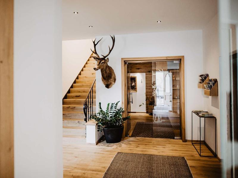 Jasne wejście z drewnianą podłogą, schodami, roślinami i głową jelenia na ścianie.