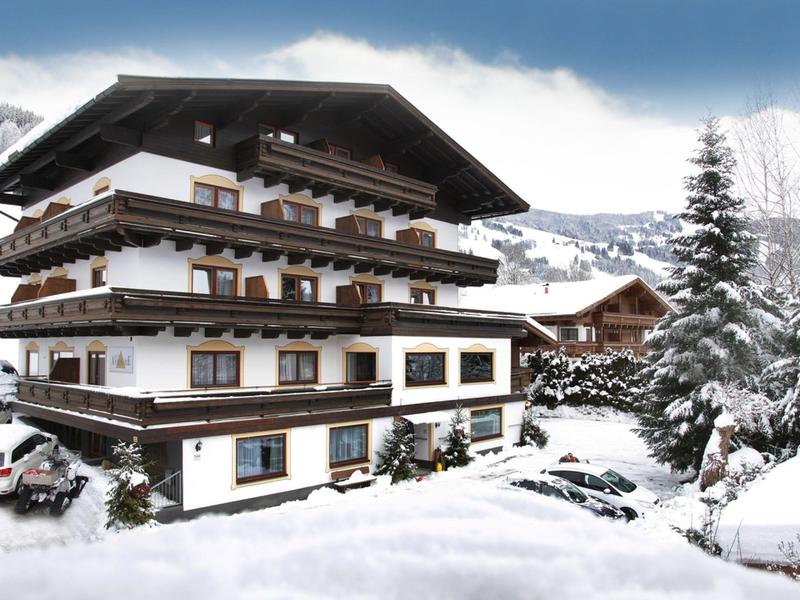 Chaletstijl hotel omgeven door met sneeuw bedekte auto's en bomen in een winters berglandschap.