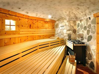 Sauna accogliente con rivestimento in legno e camino in pietra all'interno.