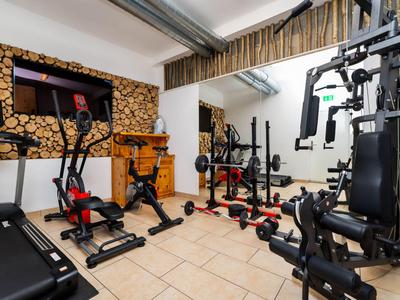 Kleines Fitnessstudio mit Laufband, Crosstrainer und mehreren Kraftgeräten in einem Hotel.