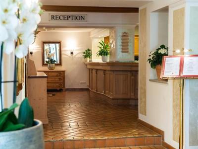 Brightly lit reception area with wooden furniture, plant, and orchid in the foreground.
