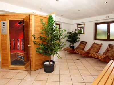 Zona de sauna con sauna de madera, tres tumbonas y varias plantas sobre suelo de baldosas.