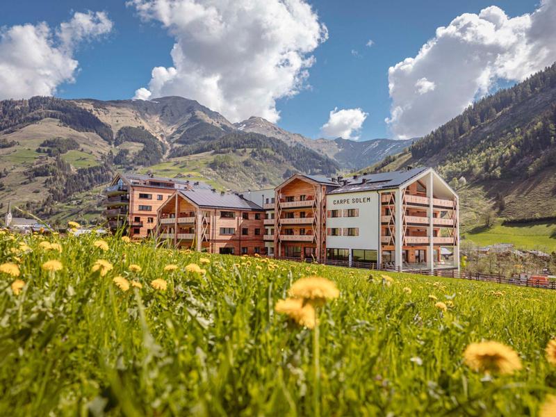 Budynki w górach z zieloną łąką i żółtymi kwiatami na pierwszym planie