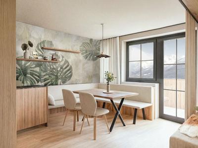 Sala da pranzo moderna con dettagli in legno, grandi finestre e zona salotto accogliente