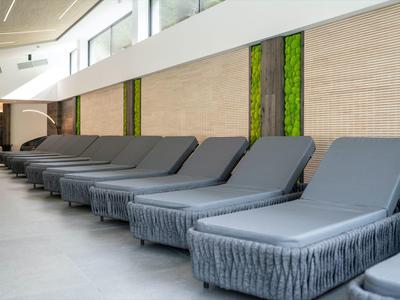 Mehrere graue Liegen mit Kissen in einer modernen, hellen Lounge mit grün dekorierten Wänden.