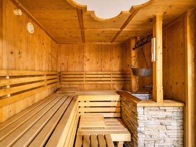 Gemütliche Sauna mit Holzverkleidung und Steinofen im Innenbereich.