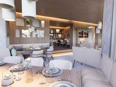 Elegantes Restaurant mit modernem Design und gedeckten Tischen in einem Hotel.