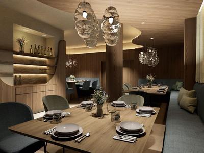 Elegantes Restaurantinterieur mit Holz und sanfter Beleuchtung, gedeckten Tischen und modernem Design.