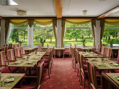 Ein eleganter, ländlicher Speisesaal mit rot gemustertem Teppich und Ausblick auf grüne Landschaft.