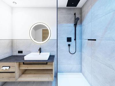 Modernes Badezimmer mit einer begehbaren Dusche, einem Waschbecken auf einer Holzablage und rundem Spiegel.