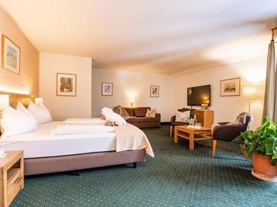 Geräumiges Hotelzimmer mit Bett, Sofa, TV und großem Fenster mit Vorhängen.