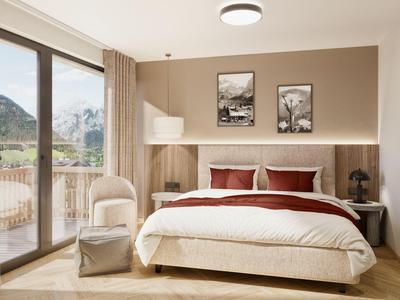Camera d'hotel moderna con letto matrimoniale, balcone e vista sulle montagne.