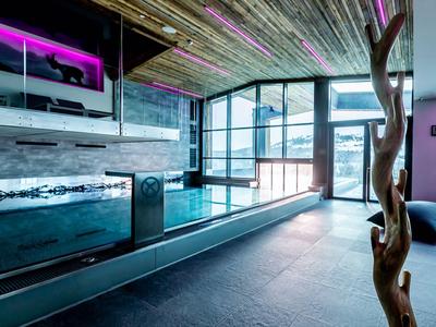 Moderna zona de bienestar con piscina cubierta, techo de madera y grandes ventanas con vista a la montaña.