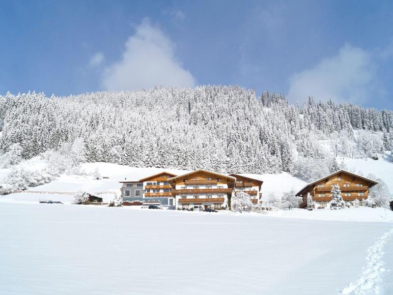 Winterlandschaft mit schneebedeckten Holzhäusern vor einem Wald und blauem Himmel.