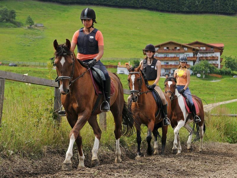 Drei Reiter auf Pferden auf einem Weg, grünes Grasfeld und Gebäude im Hintergrund.