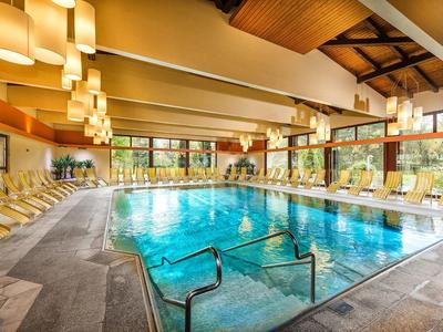 Großer Hallenbad mit Wasserbecken, Holzdecke, vielen Liegestühlen und großen Fenstern.