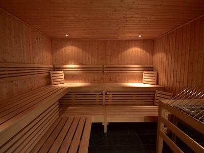 Sauna en bois avec plusieurs niveaux d'assise et éclairage doux au plafond