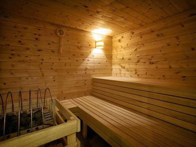 Holzsauna mit mehrstufiger Sitzbank und beleuchtetem Wandofen für Saunaaufgüsse.
