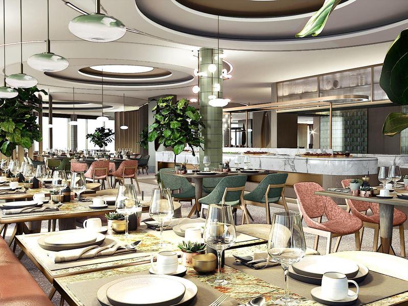 Elegantes Restaurant mit runden Deckenleuchten und gedeckten Tischen in modernem Design.