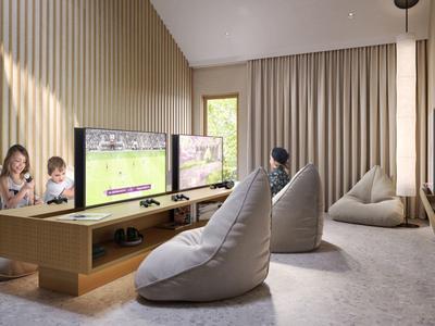 Soggiorno moderno con poltrone comode, grandi schermi e illuminazione soffusa.