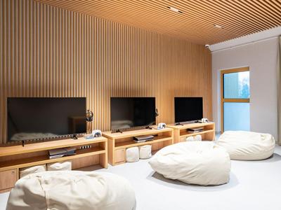 Moderner Hotelraum mit Holzvertäfelung, zwei Fernsehern, Sitzsäcken und natürlichem Licht.