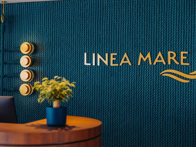 Reception moderna con muro blu a trama, scritta gialla e pianta su banco in legno.