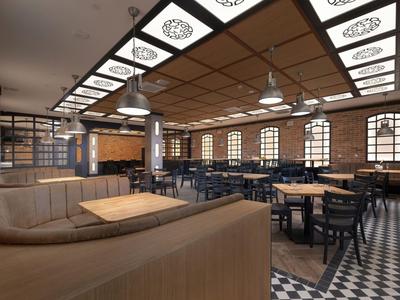 Grande salle de restaurant moderne avec des détails en bois et métal, nombreuses tables, chaises et grandes fenêtres.