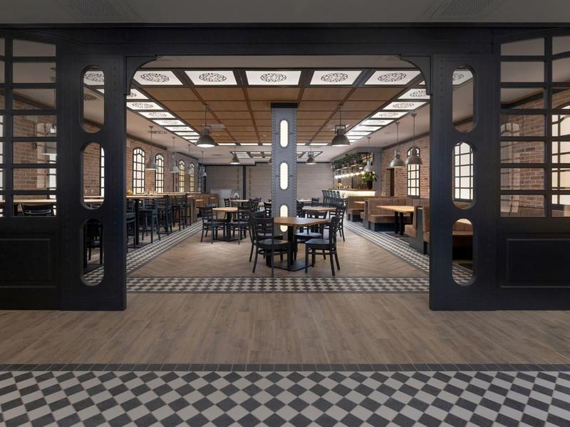 Moderner Speisesaal mit Holztischen und Stühlen in einem Hotel oder Restaurant.