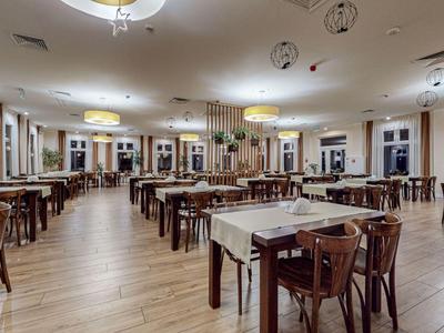 Helles Restaurant mit Holzstühlen und Tischen, großen Fenstern und moderner Beleuchtung.