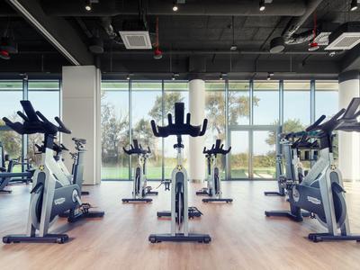 Nowoczesny sprzęt fitness w jasnej siłowni z dużymi oknami i drewnianą podłogą.