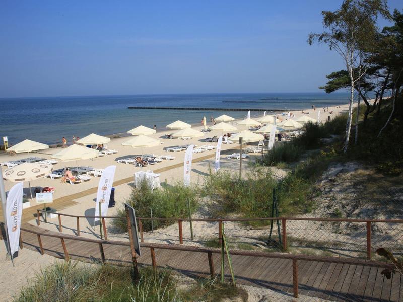 Playa con sombrillas blancas, arena y una pasarela de madera junto a dunas y arbustos.