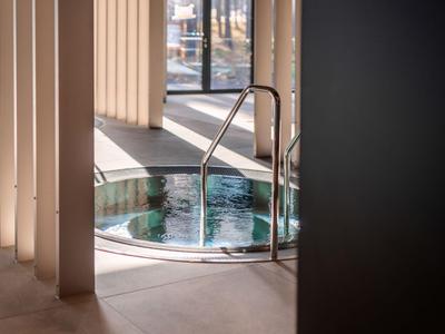 Jacuzzi moderno con barandilla de acero inoxidable y ventanas panorámicas al fondo