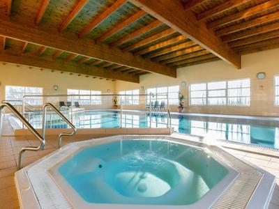 Area interna con piscina coperta e jacuzzi, soffitto con travi in legno e grandi finestre che lasciano entrare la luce naturale.