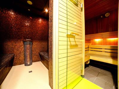 Sauna moderne avec intérieur éclairé et bancs en bois.